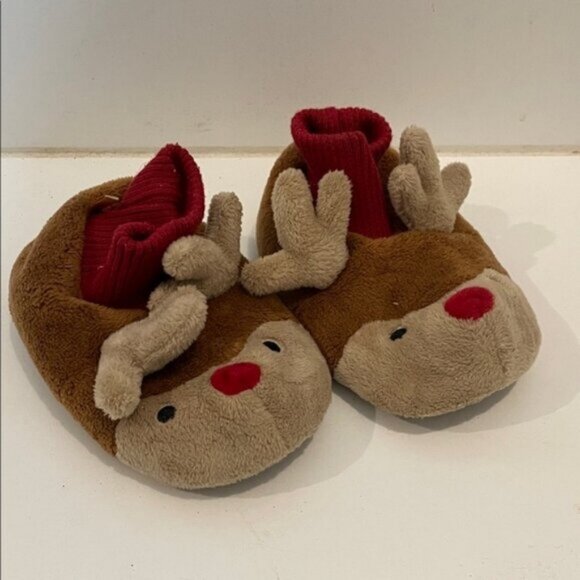 Cozy Reindeer Kids Slippers - Brown and Red - Picture 1 of 2